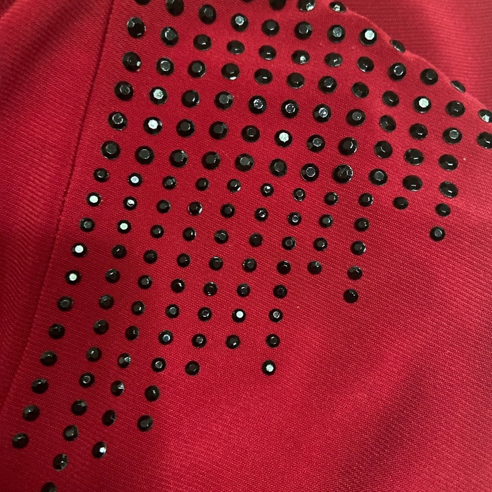 Chaus Red Gathered V-Neck Top 3/4 Sleeves Blouse with Black Rhinestones - Picture 2 of 5